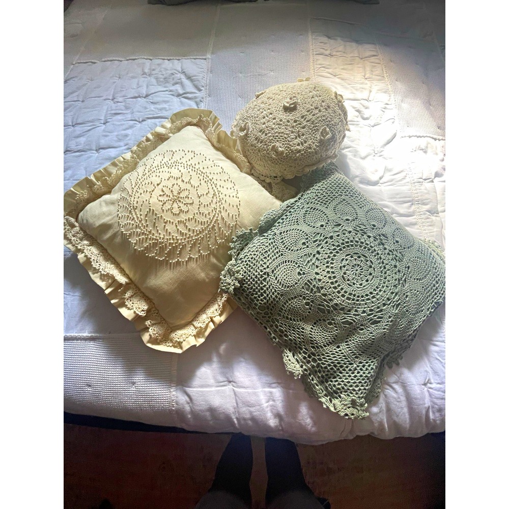 Lot of Vintage Textured Decorative Throw Pillows, Beige/Green, Square
